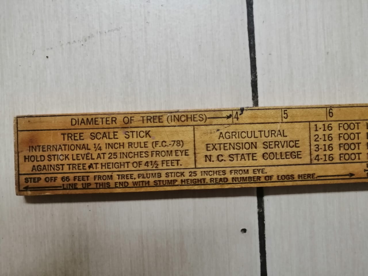 A stick to estimate the board feet available in a tree